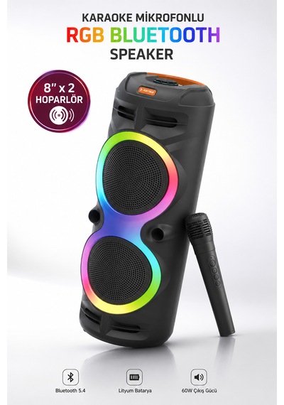 Taşınabilir Mikrofonlu 60w Led Işıklı Bluetooth Karaoke Hoparlör Set