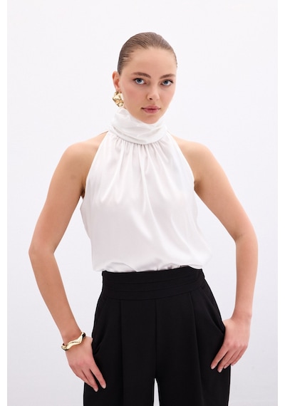 Sateen Boğazlı Kolsuz Bluz - Ekru-135948 Ekru