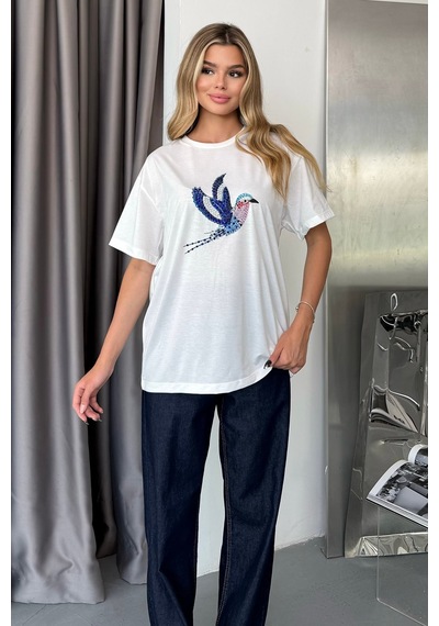 Kadın Bisiklet Yaka Taşlı Kuş Desenli T-shirt Beyaz - 5105