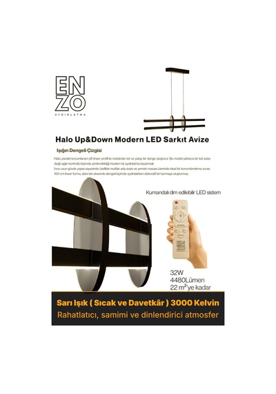 Halo Silver Lineer Led Sarkıt Avize Kumandalı Dim Edilebilir Yukarı & Aşağı Işık Sarı Işık