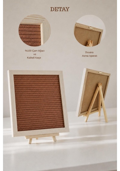 Woodart Premium Letter Board Seti, Ceviz Kahve Keçe Yüzeyli Doğal Çam Ahşap Yazı Panosu Şövale Standlı Dekoratif Set Kahverengi