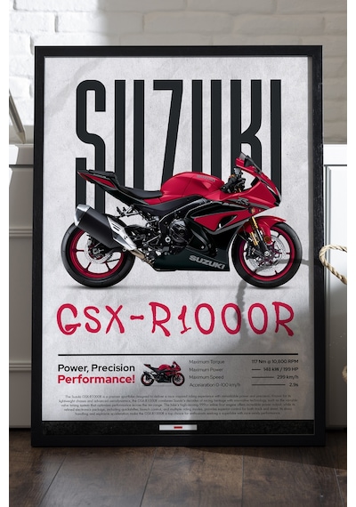 Suzuki Gsx-r1000 R Siyah Ahşap Çerçeveli Poster, Dekoratif Motosiklet Duvar Tablosu