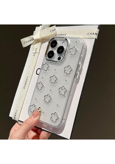 3d Gümüş Çiçekli Şeffaf Simli İphone 13 Pro Uyumlu Kılıf Kamera Korumalı, Darbe Emici Silikon Diğer