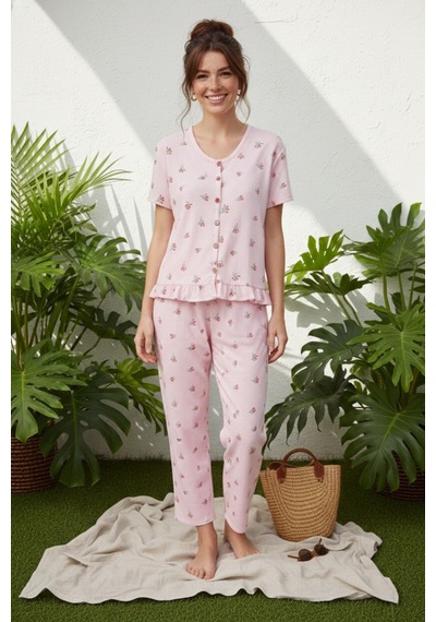 Siyah İnci Bürümcük-krınkıl Kısa Kollu Düğmeli Örme Pijama Takım 26120526 Pembe