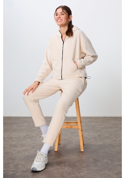 Tommy Life Bej Kalın Yumuşak Dokulu Kapüşonlu Oversize Nakışlı Polar Kadın Eşofman Takım -95338 Bej