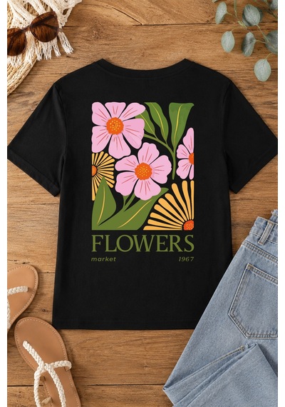 Spoyi Çiçek Marketi Tasarımlı %100 Pamuk Yarım Oversize Siyah T-shirt