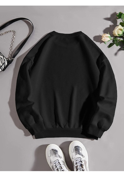 Wiley Baskılı Sweatshirt - Siyah Bisiklet Yaka Oversize Tasarım Trend Siyah