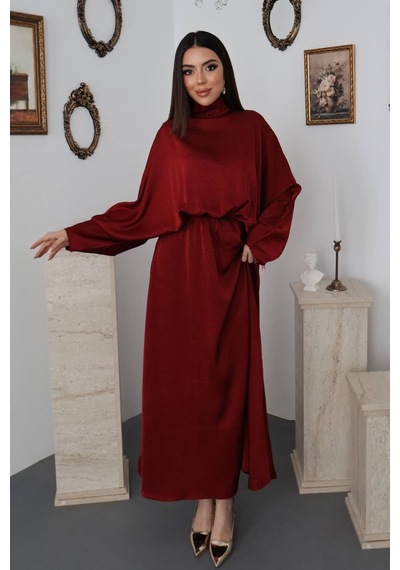 Maximodena Bordo Jakarlı Saten Elbise - Bordo