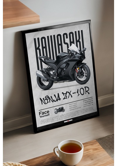 Kawasaki Ninja Zx-10 R Siyah Ahşap Çerçeveli Poster, Dekoratif Motosiklet Duvar Tablosu
