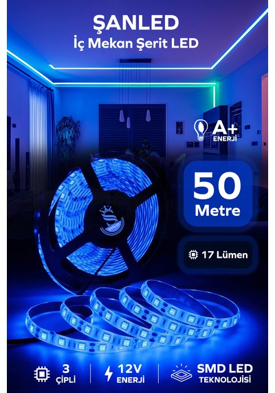 3 Çipli Şerit Mavi Renk 12v 50 Metre