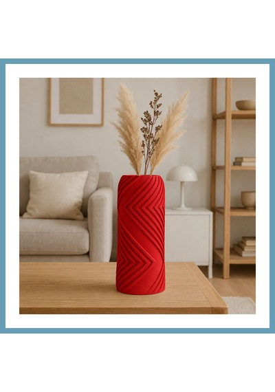 Bezos 3d Baskı Vector Vazo - Geometrik Çizgili Dekoratif Vazo-kırmızı Mbt06