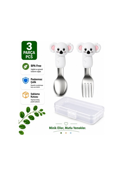 Koala Figürlü Açık Gri Premium Çocuk Bpa Free Silikon Saplı Paslanmaz Çelik Uçlu Çatal-kaşık, 9+ Ay