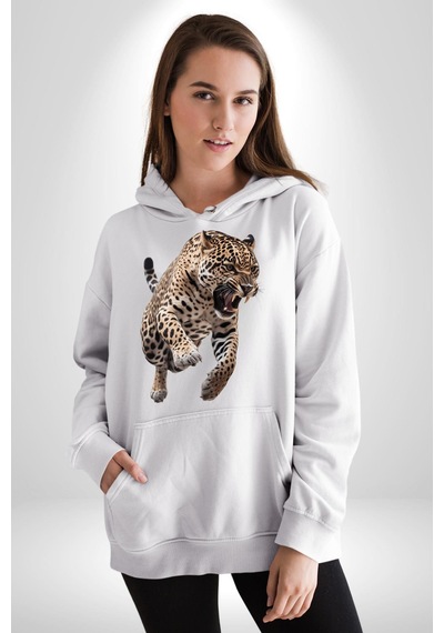 Jaguar Sırtından Çıkan Kadın Erkek Beyaz Kapüşonlu Sweatshirt Hoodie Beyaz