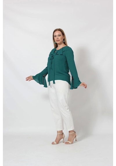 Moda Berray 3241-5y Yeşil İspanyol Kol Boyun Bağlama Detaylı Bluz Yeşil