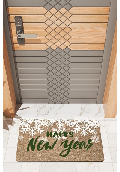 Rugmood Modern Dijtal Baskı Yılbaşı Kar Happy New Year Kapı Önü Paspası Çok Renkli