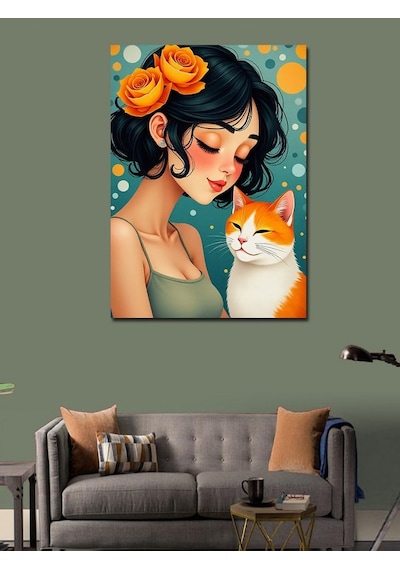 Kanvas Tablo Kedi Ve Şefkatli Kadın 100cmx140cm