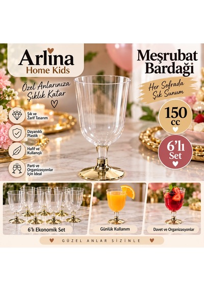 150cc 6'lı Gold Ayaklı Plastik Meşrubat Bardağı Beyaz
