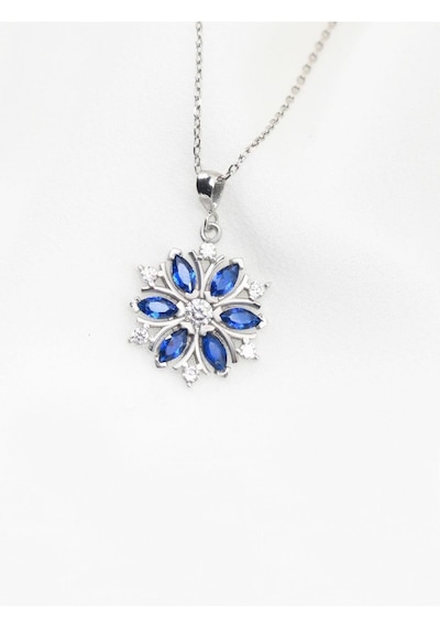 Brezza Lusso Jewelry Pırlanta Model Kar Tanesi Safir Taşlı Kadın Gümüş Kolye 45 CM