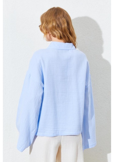 Manche Kolları Salaş Yıkamalı Müslin Oversize Rahat Kalıp Kadın Basic Gömlek - Bebe Mavi Mks166881-01 Manche Kolları Salaş Yıkamalı Müslin Oversize Rahat Kalıp Kadın Basic Gömlek - Bebe Mavi Mks166881-01