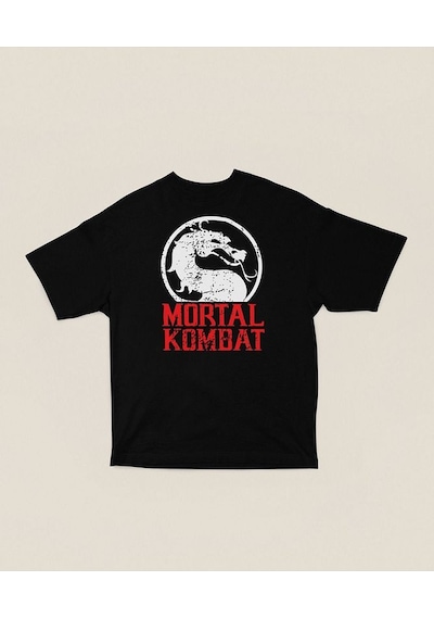 Ejderha Mortal Kombat Baskılı Unisex Oversize Tişört Siyah