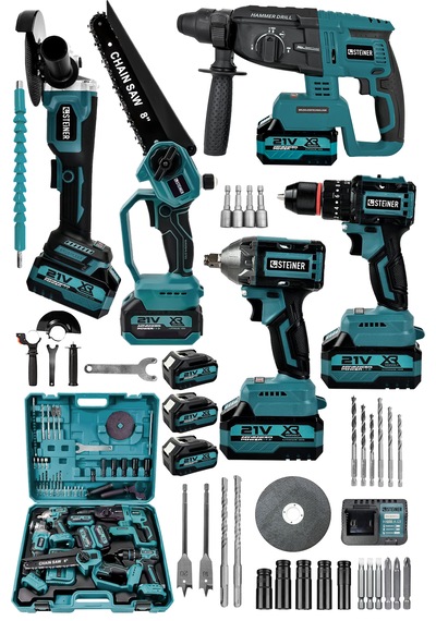 Steiner 21v Darbeli Kömürsüz 5'li Set Kırıcı Delici Hilti - Somun Sıkma Sökme - Testere - Matkap - Vidalama Mavi