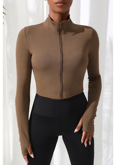 İmoda Kadın Kahverengi Uzun Kol Fermuarlı Parmak Geçme Detaylı Dik Yaka Crop Top Bluz Kahverengi