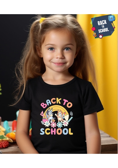 Aselinda Bluey Baskılı Back To School Unisex Çocuk Tişört-okula Dönüş Baskılı Çocuk Tişört Siyah
