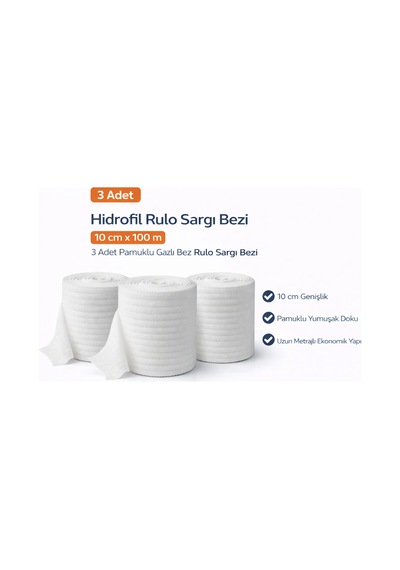 Hidrofil Rulo Sargı Bezi 10 Cm X 100 M 3 Adet Pamuklu Gazlı Bez Rulo Sargı Bezi
