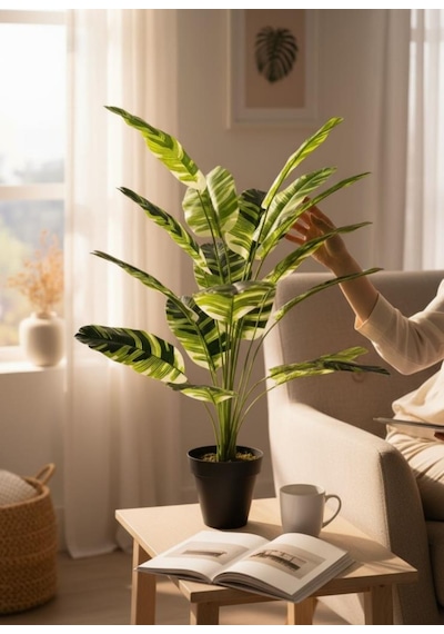 Yapay Çiçek Çizgili Muz Yapraklı Alaca Starliçe Salon Çiçeği 18dal 80 50cm Yapay Bitki Yeşil