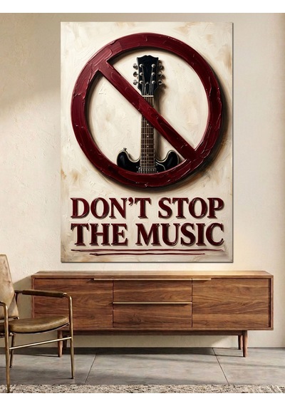 Gitar Yasak İşaretli Müzik Protestosu Dekoratif Kanvas - Mdf Ahşap Tablo Çok Renkli