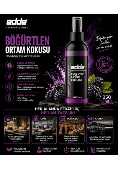 Edde Böğürtlen Kokulu Araba Araç Oto Ortam Kokusu Araç Içi Kokuları Oto Parfümü 250 Ml Oto Detailing 250ml