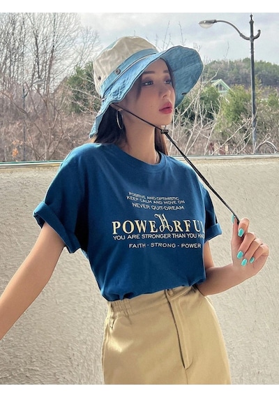 Flood Of Style Kadın Mavi Powerfull Baskılı Oversize Bisiklet Yaka Tişört