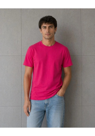 Erkek Basic Pamuklu Tişört Bisiklet Yaka Düz Renk Regular Fit T-shirt - Fuşya -Çok Renkli