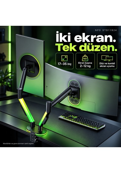 Npo Std11924 Everglow 17-35" 24kg Destekli Rgb Profesyonel Gaming Vesa Çift Kol Monitör Tutucu