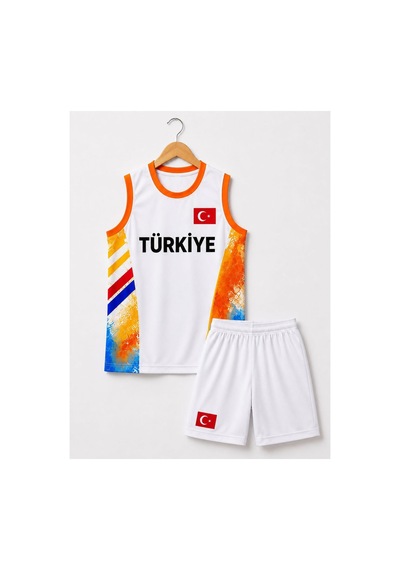 Sonvadi Çocuk Basketbol Forması Türkiye Armalı Beyaz 3 Parça Çorap Beyaz