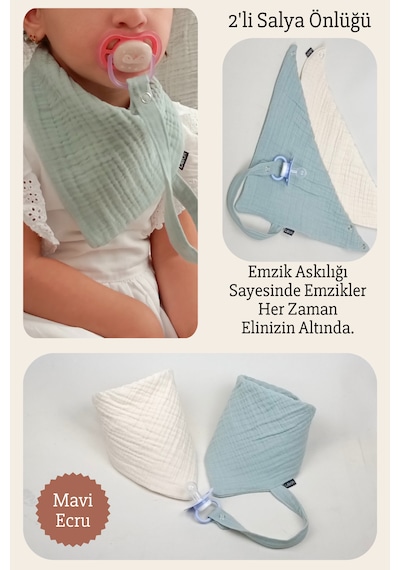 2'li %100 Pamuk 8 Katlı Müslin Emzik Askılıklı Kız Erkek Bebek Salya Ve Mama Önlüğü Mavi Ekru Ekru - Mavi