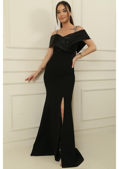 By Saygı İnce Boncuk Askılı Yakası Saten Çapraz Astarlı Yırtmaçlı Krep Uzun Elbise-36139-siyah By Saygı İnce Boncuk Askılı Yakası Saten Çapraz Astarlı Yırtmaçlı Krep Uzun Elbise-36139-siyah