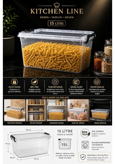 15 Litre Kilitli Kapaklı Şeffaf Saklama Kutusu Çok Amaçlı Erzak Kabı Mama Saklama Kabı Bpa Free Düzenleme Kutusu Diğer