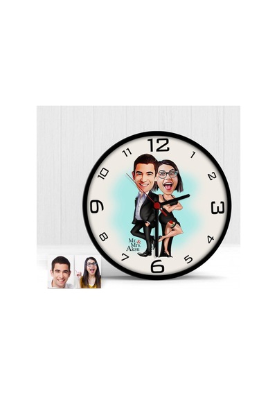Kişiye Özel Mr. & Mrs. Smith Karikatür Ahşap Duvar Saati Çok Renkli