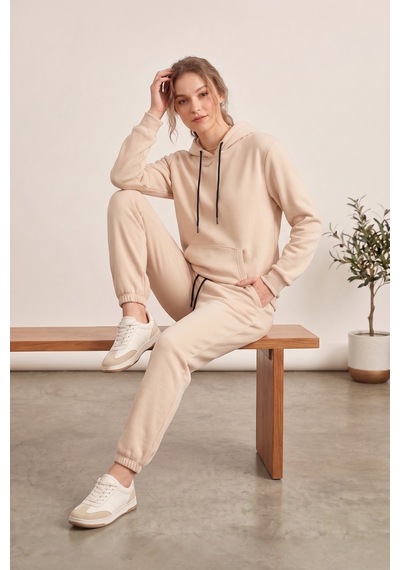 Moibody Kadın 3 İplik Şardonlu Eşofman Takımı Premium Kapüşonlu Sweatshirt Ve Jogger Alt Krem Krem