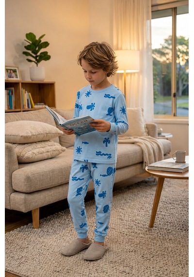 Zuzunga Deniz Temalı Mavi Renk %100 Pamuk Erkek Çocuk Pijama Takımı Bebe Mavi