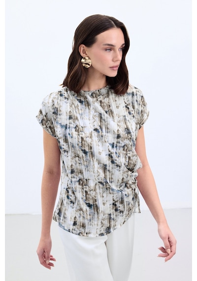 Sateen Pileli Kolsuz Bluz - İndigo-136862 İndigo