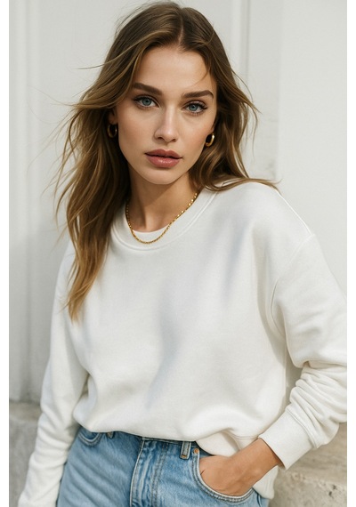 Kadın Ekru Pamuklu İnterlock Oversize Sweatshirt Ekru