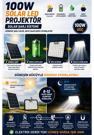 100w Solar Led Projektör Usb Powerbank Özellikli Şarjlı Kamp Lambası Ip65 Su Geçirmez Bahçe Ve Acil