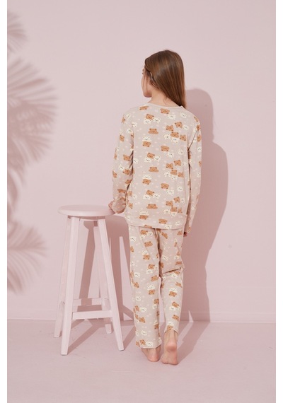 Siyah İnci Pamuklu Örme Pijama Takım 24241098 Bej