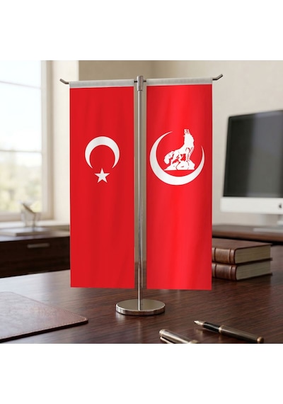Kırmızı Hilal Bozkurt Bayrağı Ve Türkiye Bayrağı Kırlangıç T Tipi Masa Bayrak Takımı Diğer