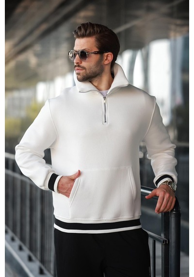 Madmext Ekru Fermuarlı Dik Yaka Kanguru Cep Erkek Sweatshirt E7159 Ekru