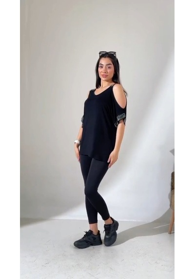 Elaxi Kadın Omuz Dekolteli Taş Detaylı Oversize Viskon Bluz Siyah