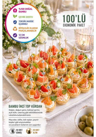 100 Lü Set İnci Top Kürdan Altın Gümüş 12cm Bambu Kokteyl Sunum Kürdanı Parti Catering