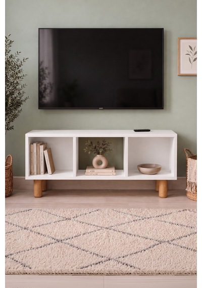 Tv Sehpası 3 Raflı Tv Ünitesi Televizyon Sehpası Küba Beyaz